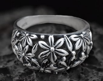 Handgjord blommig ring i sterlingsilver - Boho tummenring