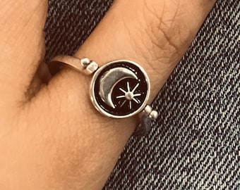 Handmade Sterling Silver Moon and Sun Ring: Dainty Celestial Jewelry