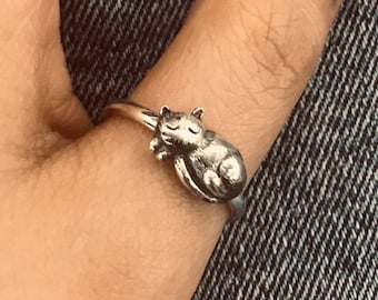 Anello a forma di gatto in argento sterling fatto a mano: gioielli da motociclista punk ossidati