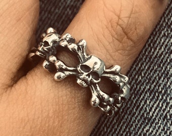Handmade Sterling Silver Skull Ring: Oxidized Pirate Flag Biker Jewelry