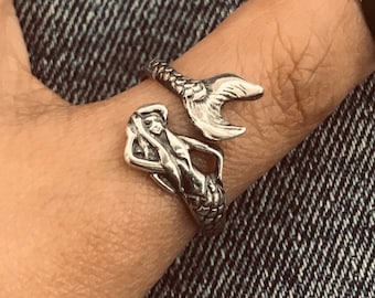 Mermaid ring// Sterling silver// Handmade solid S925//Unique punk gothic goth biker mens// Animal ring// Oxidized jewelry //Gift