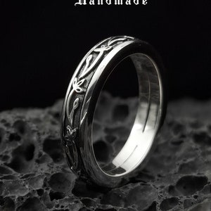 Pattern Sterling silver ring band handmade solid medieval 925  unisex men women punk gothic goth biker mens oxidized jewelry gift her him