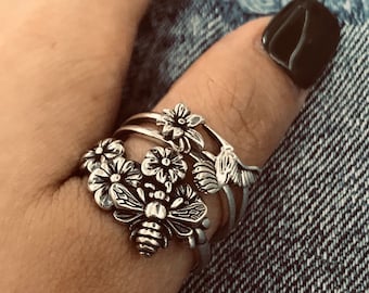 Garden Flower Ring Set /2 in 1 ring /925 sterling silver ring /2 pcs Silver ring set /Handmade /Punk Gothic Boho Rings /Gift for him her