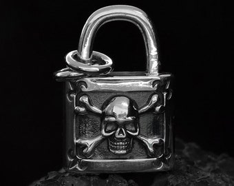 Handmade Sterling Silver Skull Lock Pendant: Gothic Biker Jewelry