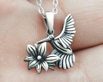 Handmade Sterling Silver Hummingbird Necklace: Dainty Floral Jewelry