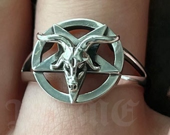 Handgjord Baphomet-ring: Oxiderat sterlingsilver med djävuls- och goth-motorcykelsmycken