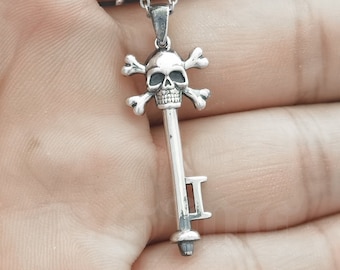 Handmade Sterling Silver Skull Key Pendant: Gothic Biker Necklace