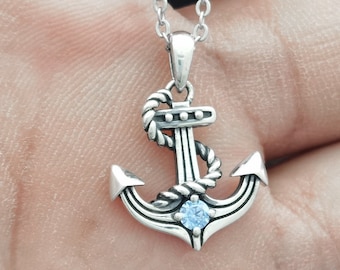 Sterling Silver Anchor Birthstone Necklace: Personalized Nautical Pendant