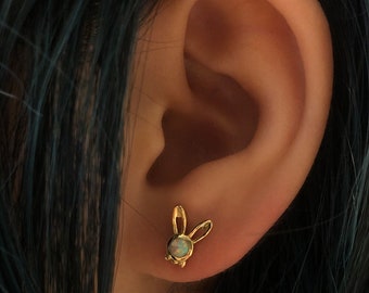 Gold Plated Opal Bunny Earrings: Sterling Silver Handmade Jewelry