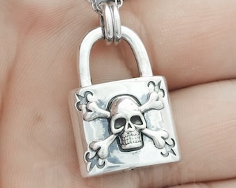 Handmade Sterling Silver Skull Lock Pendant: Punk Biker Jewelry