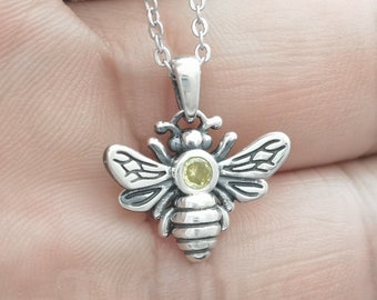 Sterling Silver Bee Necklace: Personalized Birthstone Pendant