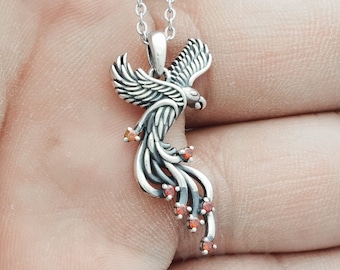 Sterling Silver Phoenix Necklace: Custom Birthstone Pendant