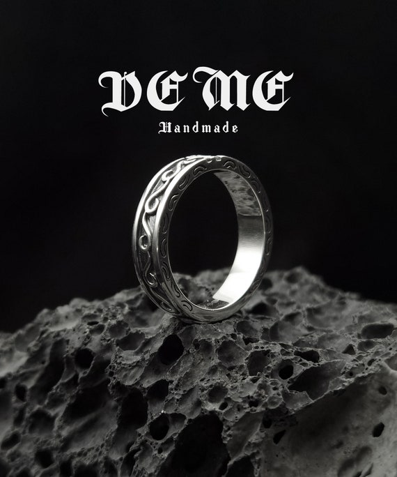 Handmade Patterned Sterling Silver Ring: Unisex Gothic Biker Jewelry