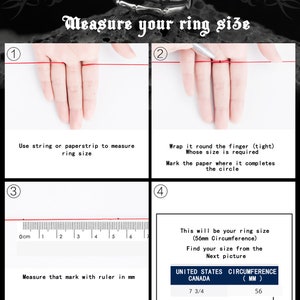 May include: Diagram showing how to measure your ring size using a string or paper strip. Wrap the string around your finger, mark the string, and then measure the length of the string with a ruler in millimeters. The diagram also shows a chart with ring sizes in millimeters for the United States and Canada.