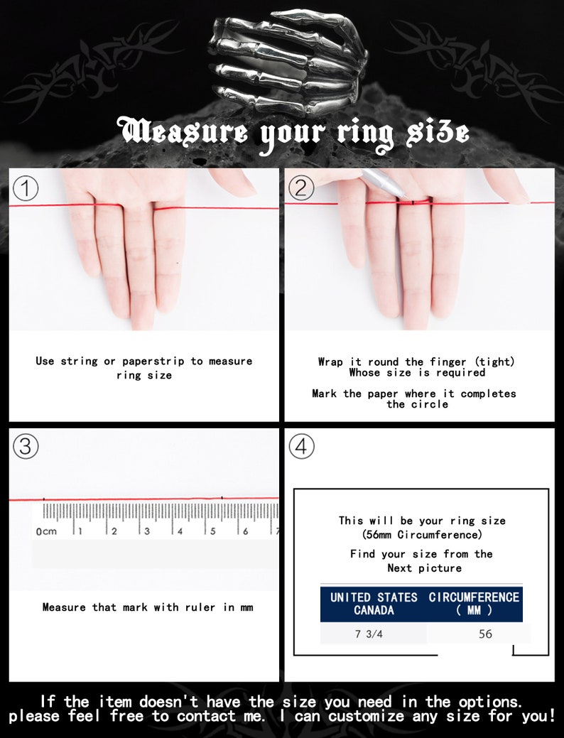 May include: Diagram showing how to measure your ring size using a string or paper strip. Wrap the string around your finger, mark the string, and then measure the length of the string with a ruler in millimeters. The diagram also shows a chart with ring sizes in millimeters for the United States and Canada.