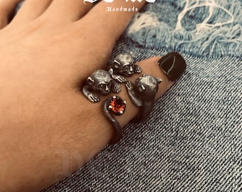 Handmade Sterling Silver Monkey Ring Set: Punk Gothic Boho Jewelry