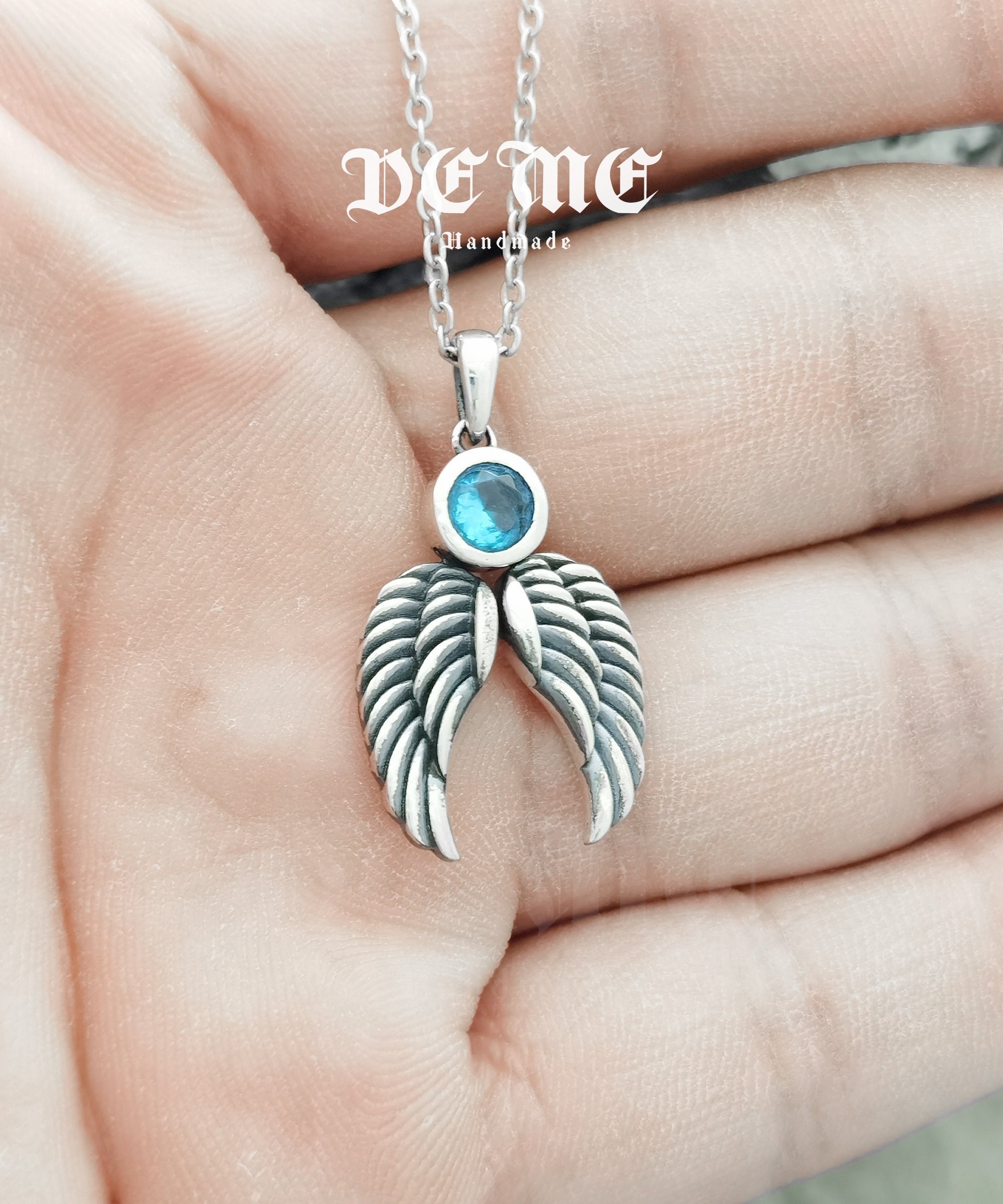 Angel Wings Blue Topaz Crystal Pendant Necklace - Silver Plated, Lab-Created