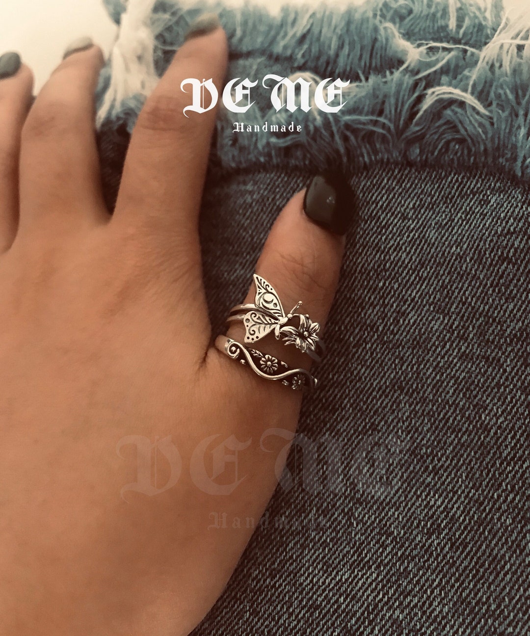 Flowers and Butterfly Ring Set /2 in 1 Ring /925 Sterling Silver Ring