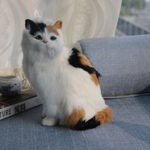 Realistic Furry Calico Cat Lifelike Kittten Figurines Miniatures Decor,Animal Replica,Cat Lover Gifts
