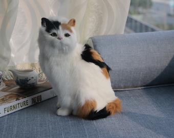 Realistic Furry Calico Cat Lifelike Kittten Figurines Miniatures Decor,Animal Replica,Cat Lover Gifts