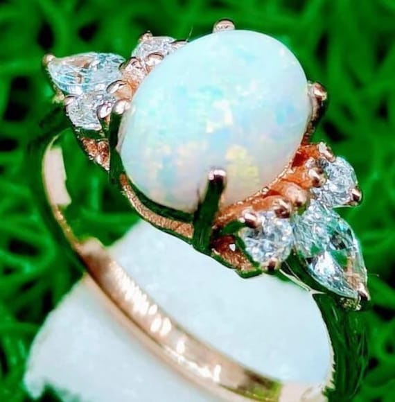 White Opal Engagement Ring Opal Cabochon Ring 925 Sterling