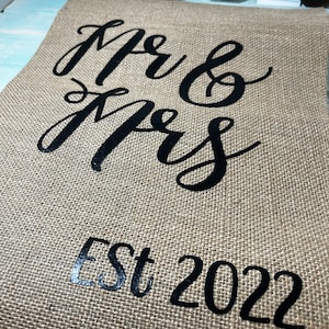 Mr & Mrs Burlap Garden Flag Banner Wedding Sign Established Year 2022 New Married Couple HTV Vinyl Decor NYLAKELLEY