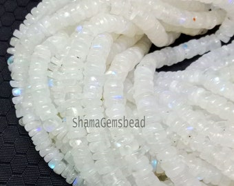 Natural White Rainbow Moonstone Plain Smooth Heishi  Disc Faceted Wheel  Gemstone Beads 13  Inch Strand  5mm