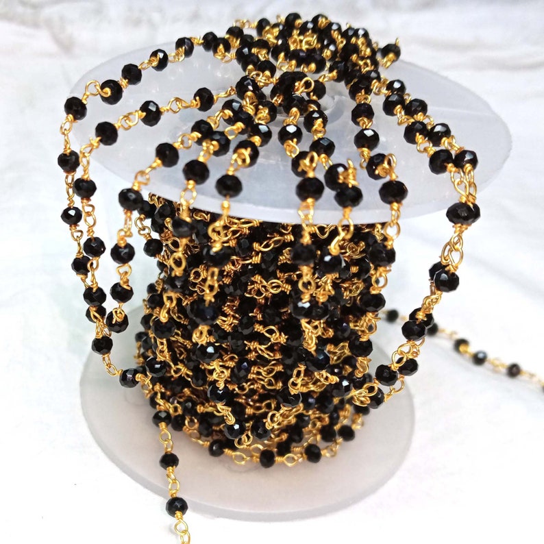 Gold Plated Wire 1,3,5 Feet,Black Spinel Hydro Faceted Rondelle Rosary Chain Bulk Wire Roll Belly Chain Jewelry Making Finding Crafts