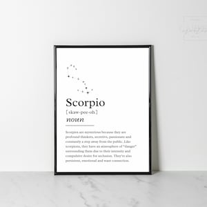 Scorpio Zodiac Sign Definition, Astrology Prints, Printable Wall Art, Constellations, Home Decor, Digital Download, Minimalist, Typography