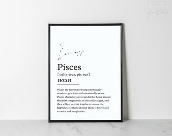 Definición de signo del zodiaco de Piscis, impresiones de astrología, arte de pared imprimible, constelación, decoración del hogar, descarga digital, descripción de la personalidad
