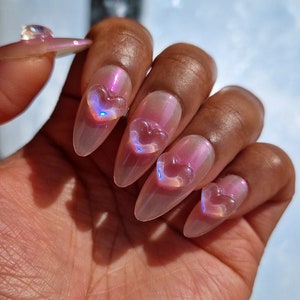 Aurora Hearts - Press-On Nägel | Chrom glasierte Donut rosa blau Harz charm frühling sommer aura airbrush