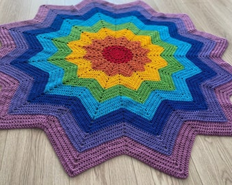 Rainbow star crochet blanket throw multicoloured bright crocheted baby large medium small sofa lap knitted shawl handmade 12 point star