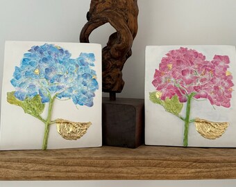 Handmade Blue and Pink Hydrangea Plaster Art Plaque with Gold Leaf Accents using bas relief art technique