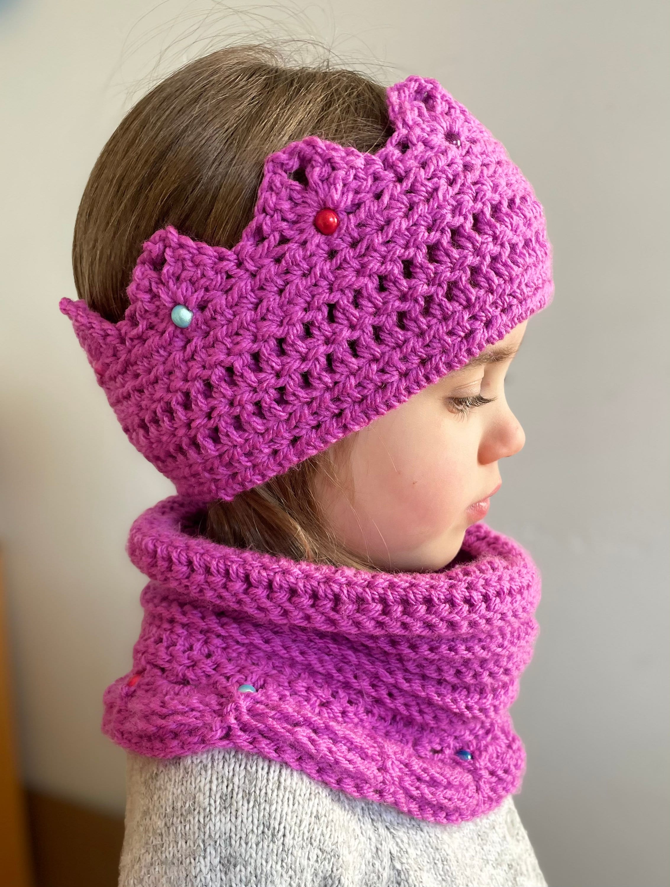 Crochet crown ear warmer headband made from Aran wool with bead jewels knitted children's dress up costume hat birthday crown coronation
