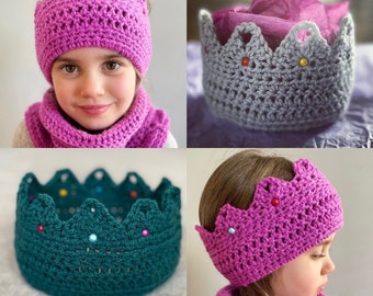Crochet crown ear warmer headband made from Aran wool with bead jewels knitted children’s dress up costume hat birthday crown coronation