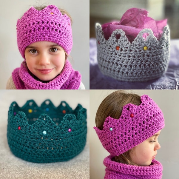 Crochet crown ear warmer headband made from Aran wool with bead jewels knitted children’s dress up costume hat birthday crown coronation