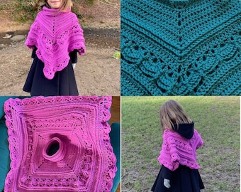 Crocheted children’s poncho handmade in Bristol for kids pink purple green blue red scarf cowl snood hand crocheted knitted handmade