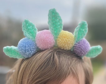 pompom flower leaf headband Spring equinox easter hair accessory for children and adults pastel colours summer crochet leaves design