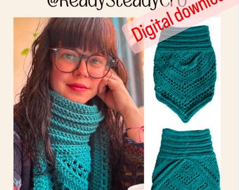 May include: A teal crochet neck warmer with a bib design. The pattern is a simple stitch with a repeating leaf motif. The neck warmer is shown being worn by a person with dark hair and glasses. The text "Cosy Crochet Neck warmer with Bib @ReadySteadyCro Digital download" is visible in the image.