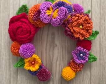 Statement festival flower crown headband crochet flowers headpiece wreath tiara flower pompom crown butterflies beads