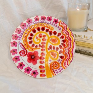 Spring inspired hand painted vintage Chinese porcelain plate for wall decor / unique art with bright design / dinning room decor /