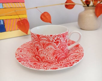 Hand-Painted Red Teacup and Saucer set, Japanese and Indian Inspired Abstract Art