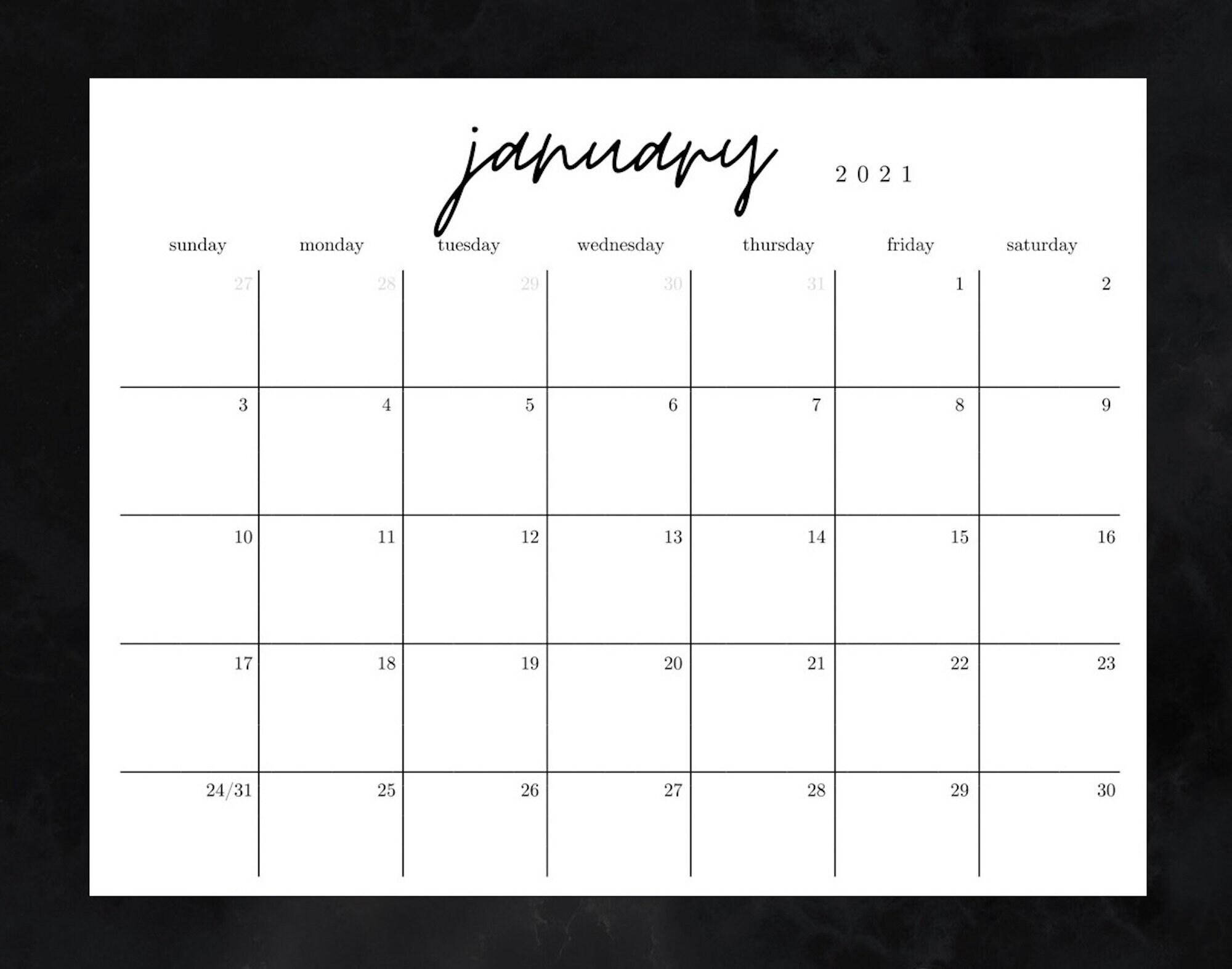 Printable 2021 Big Wall Calendar Landscape 2021 Monthly Planner A1 size