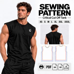 Pode incluir: Um molde de costura para uma regata Critical Cut Off, disponível nos tamanhos XS a XXXL. O arquivo digital inclui formatos PDF para impressão A4, A0 e US Letter. O design apresenta uma regata preta sem mangas com um pequeno logotipo branco.