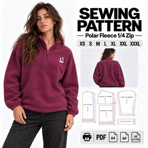 Patrón de costura en PDF para sudadera polar con cremallera de 1/4 (un cuarto) para mujer / Tallas XS-3XL, A4, A0 y Carta estadounidense