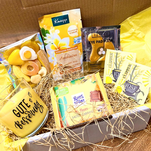 Beauty box, giallo, idea regalo compleanno, regalo Pasqua, sorpresa per donne, set regalo bellezza, benessere, cura, regalo donna