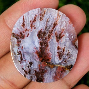 Può includere: Pietra preziosa ovale con un motivo unico. La pietra presenta una miscela di colori, tra cui bianco, rosso e marrone, creando un design naturale e artistico. La pietra è tenuta in una mano, evidenziando le sue dimensioni e i dettagli.