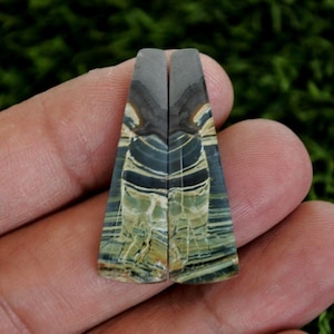 May include: Two matching, polished stone pieces with a trapezoid shape. The stones have a layered pattern of grey, blue, green, and tan hues. The pieces are held in a hand against a blurred green background.