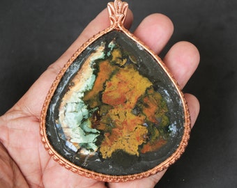 Large Multicolor Java Jasper Set In Wire Wrapped Copper Pendant