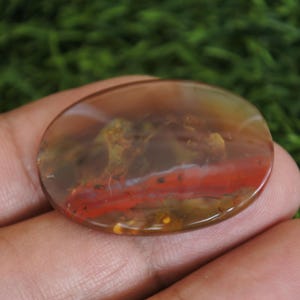May include: An oval-shaped polished gemstone featuring a translucent brown and amber base with a distinct horizontal band of vibrant red color and internal moss-like inclusions throughout the smooth, rounded surface of the stone.